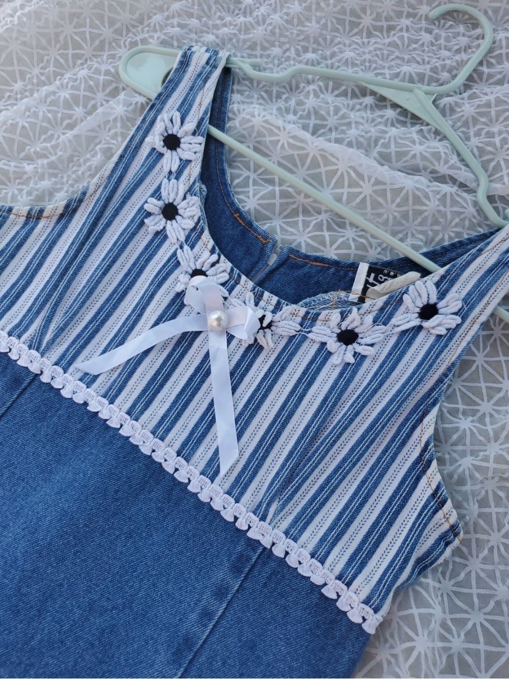 Blue Denim Midi Dress with Striped Bodice - Picture 3 of 4